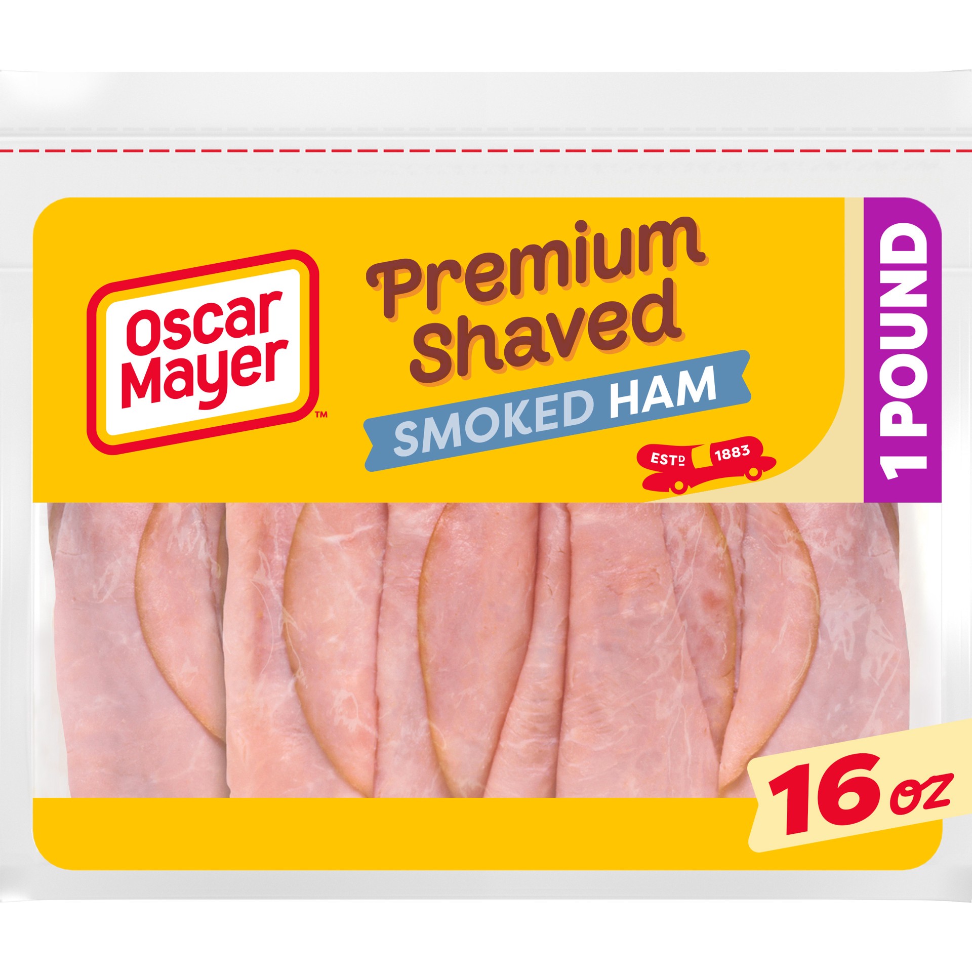 slide 1 of 9, Oscar Mayer Premium Shaved Smoked Ham & Water Product 32% of weight is added ingredients Lunch Meat, 16 oz. Pack, 16 oz