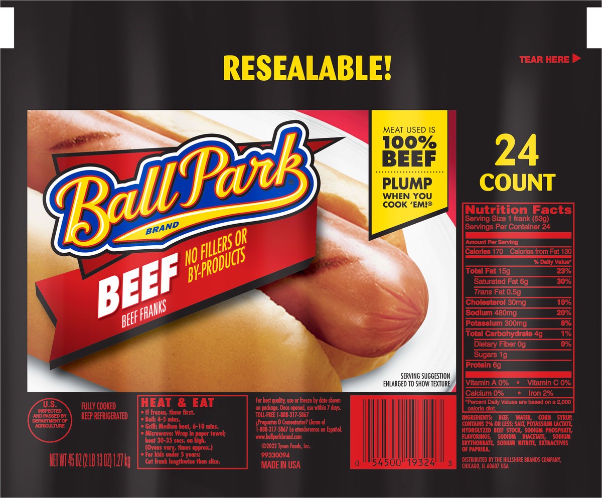 slide 3 of 4, Ball Park Beef Hot Dogs, Club Pack, 24 Count, per lb