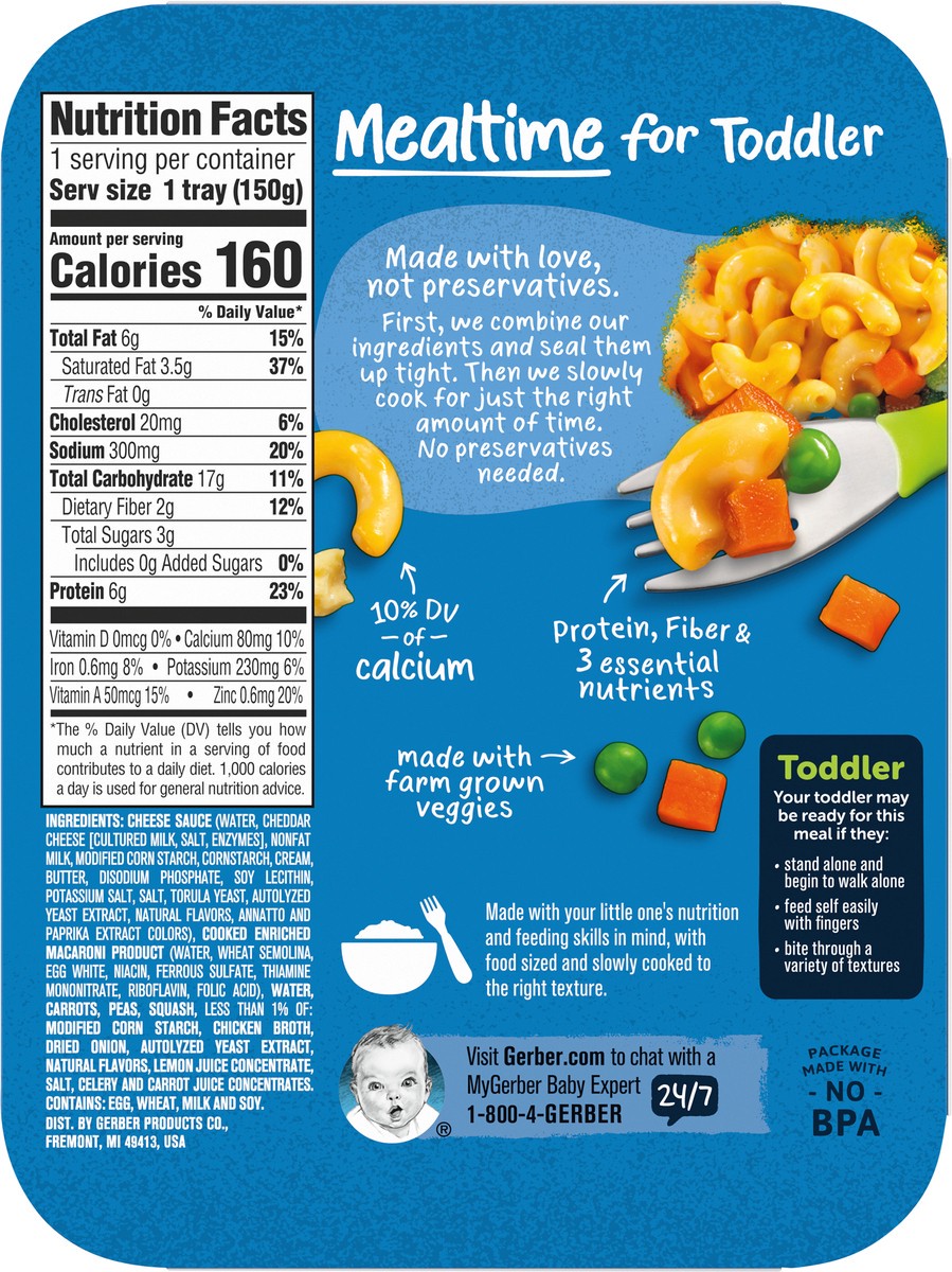 slide 5 of 9, Gerber Mealtime for Toddler, Macaroni and Cheese with Seasoned Peas and Carrots Toddler Food, 6.6 oz Tray, 6.6 oz