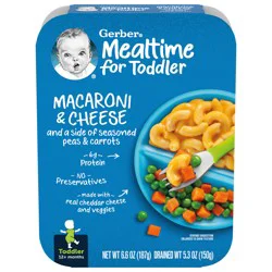 Gerber Mealtime for Toddler, Macaroni and Cheese with Seasoned Peas and Carrots Toddler Food, 6.6 oz Tray