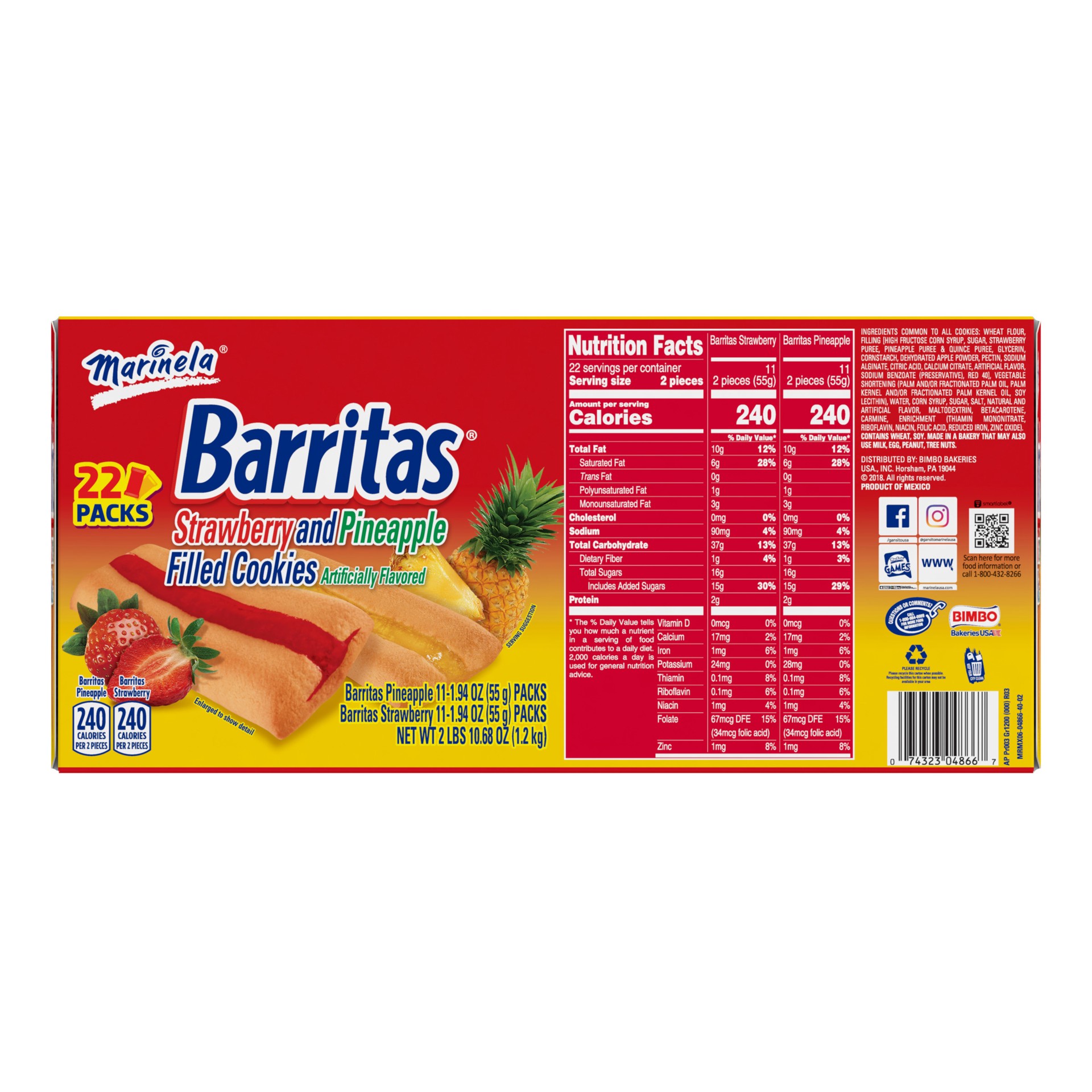 slide 5 of 5, Marinela Barritas Strawberry And Pineapple Filled Cookies, 22 count, 22 ct