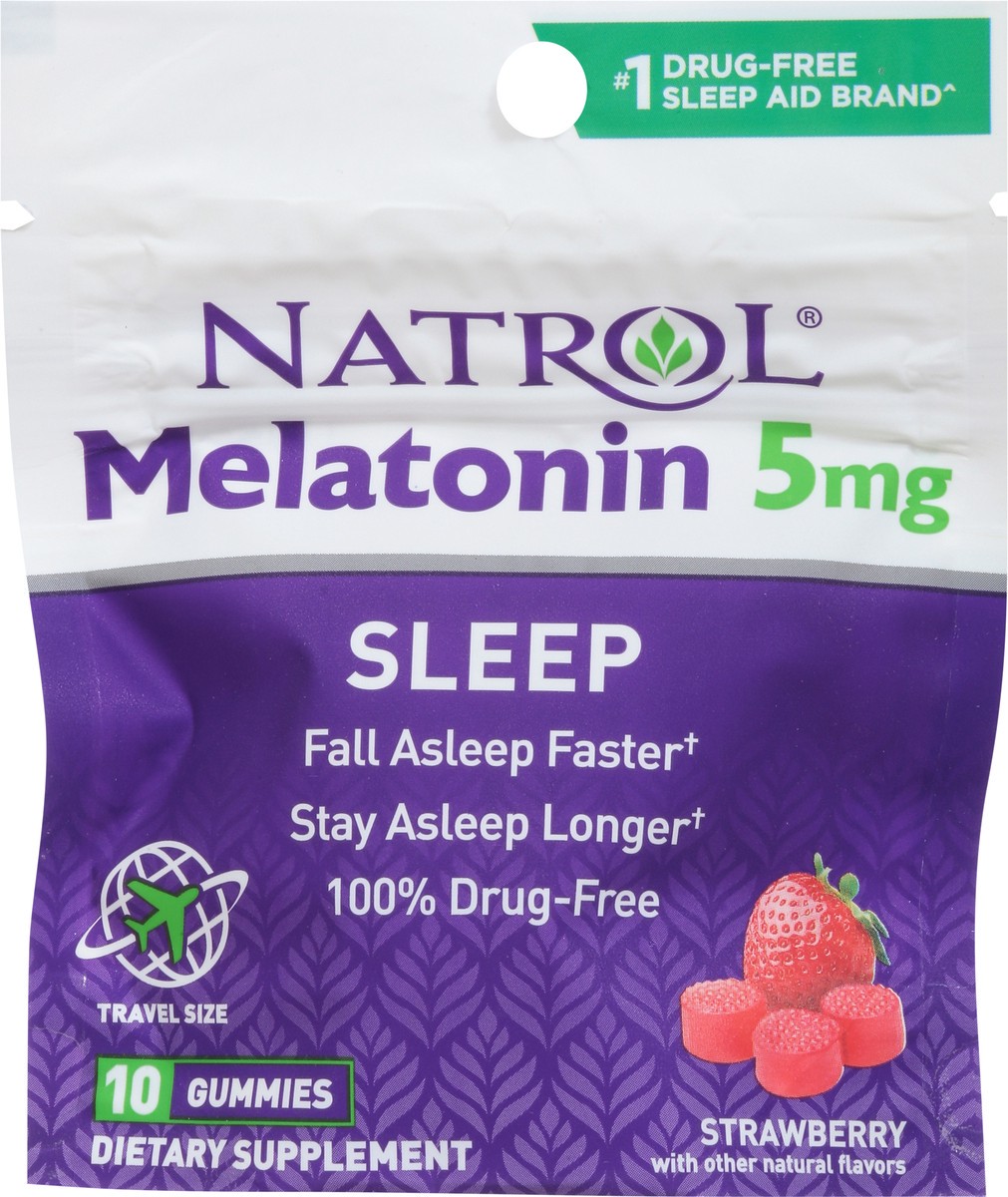 slide 10 of 14, Natrol Melatonin Sleep Aid Travel Pouch Gummies, On-The-Go, Dietary Supplement, Fall Asleep Faster, Stay Asleep Longer, Drug Free and Gelatin Free, 5mg, 10 Gummies per Pouch, 8 Pouches Per Carton, 10 ct