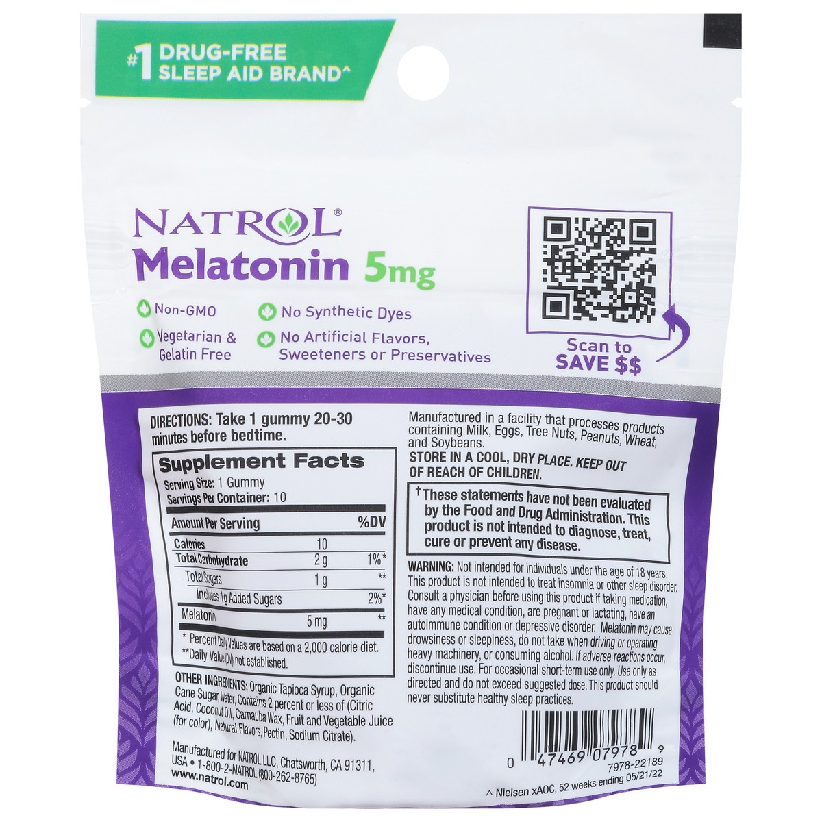 slide 8 of 14, Natrol Melatonin Sleep Aid Travel Pouch Gummies, On-The-Go, Dietary Supplement, Fall Asleep Faster, Stay Asleep Longer, Drug Free and Gelatin Free, 5mg, 10 Gummies per Pouch, 8 Pouches Per Carton, 10 ct