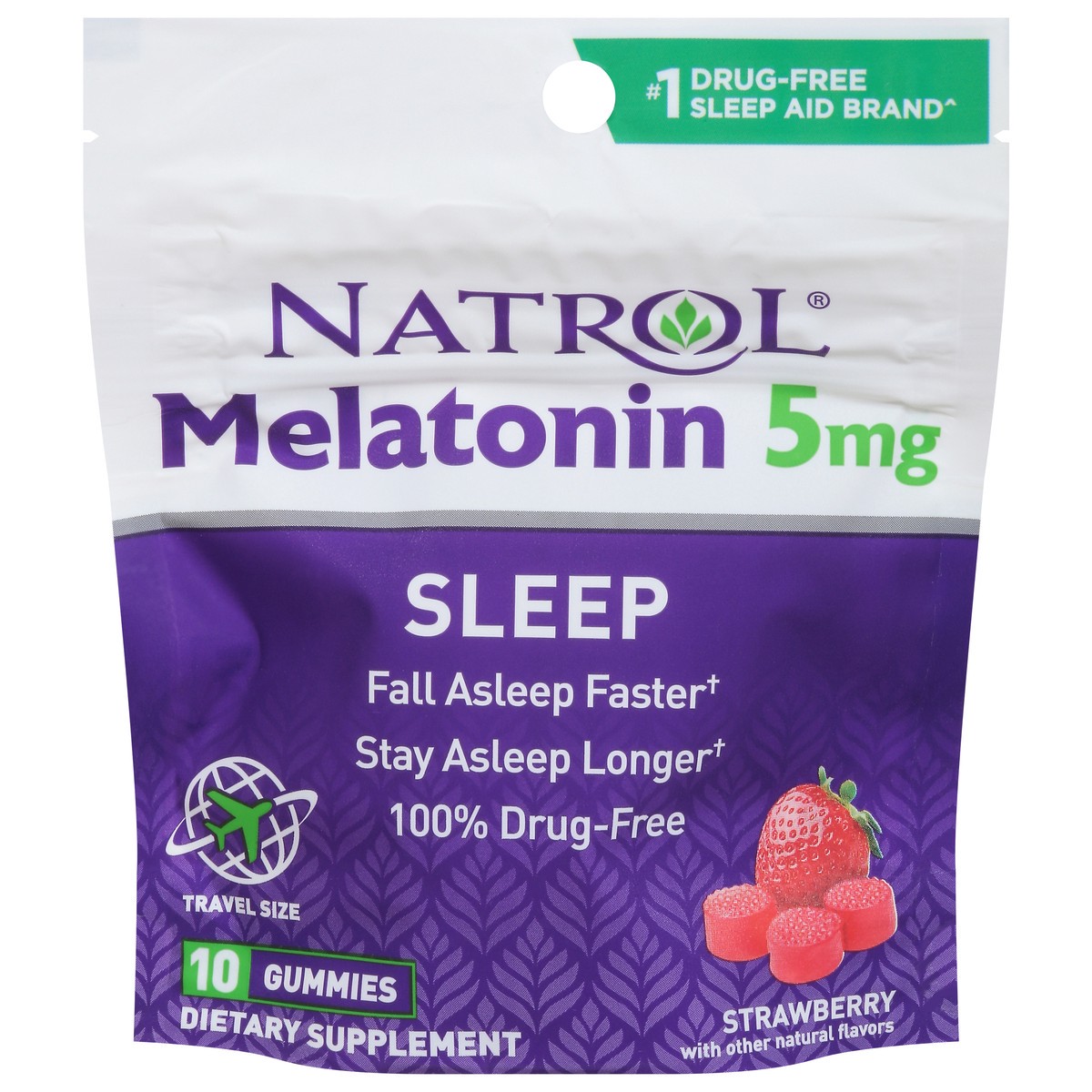 slide 3 of 14, Natrol Melatonin Sleep Aid Travel Pouch Gummies, On-The-Go, Dietary Supplement, Fall Asleep Faster, Stay Asleep Longer, Drug Free and Gelatin Free, 5mg, 10 Gummies per Pouch, 8 Pouches Per Carton, 10 ct