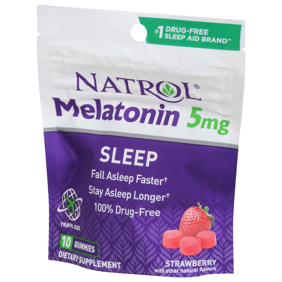 slide 9 of 14, Natrol Melatonin Sleep Aid Travel Pouch Gummies, On-The-Go, Dietary Supplement, Fall Asleep Faster, Stay Asleep Longer, Drug Free and Gelatin Free, 5mg, 10 Gummies per Pouch, 8 Pouches Per Carton, 10 ct