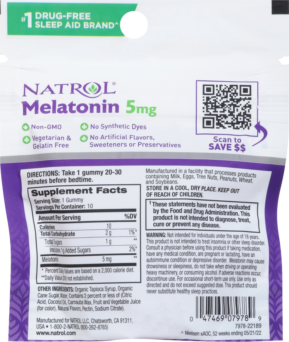 slide 12 of 14, Natrol Melatonin Sleep Aid Travel Pouch Gummies, On-The-Go, Dietary Supplement, Fall Asleep Faster, Stay Asleep Longer, Drug Free and Gelatin Free, 5mg, 10 Gummies per Pouch, 8 Pouches Per Carton, 10 ct