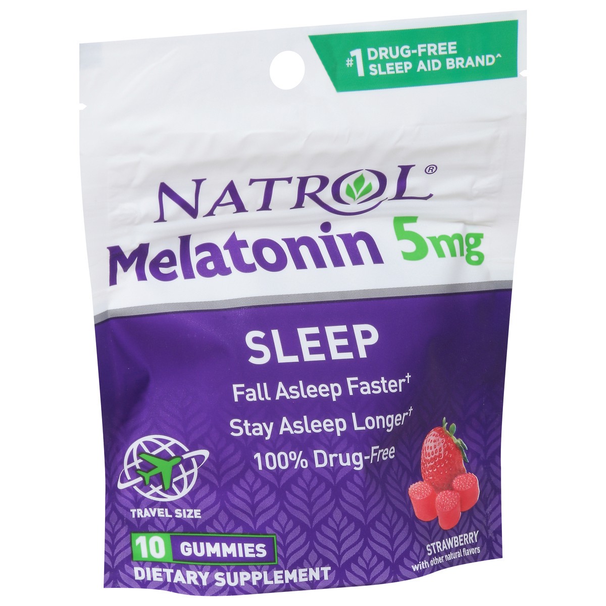 slide 14 of 14, Natrol Melatonin Sleep Aid Travel Pouch Gummies, On-The-Go, Dietary Supplement, Fall Asleep Faster, Stay Asleep Longer, Drug Free and Gelatin Free, 5mg, 10 Gummies per Pouch, 8 Pouches Per Carton, 10 ct