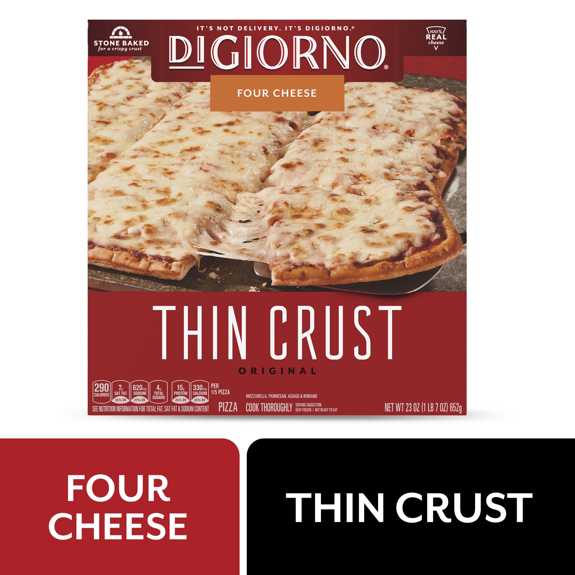 slide 1 of 6, DiGiorno Four Cheese Frozen Pizza on a Thin Crust, 23 oz