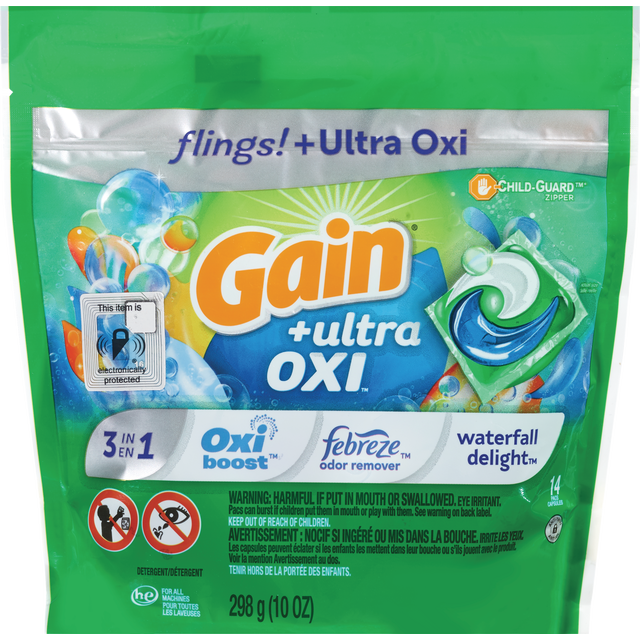 slide 1 of 1, Gain Flings Ultra Oxi Laundry Detergent Pacs, Waterfall Delight Scent, 14 Ct, 1 ct