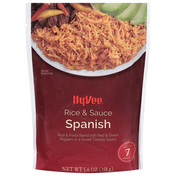 slide 1 of 1, Hy-vee Spanish Rice & Pasta Blend With Red & Green Peppers In A Sweet Tomato Sauce, 5.6 oz