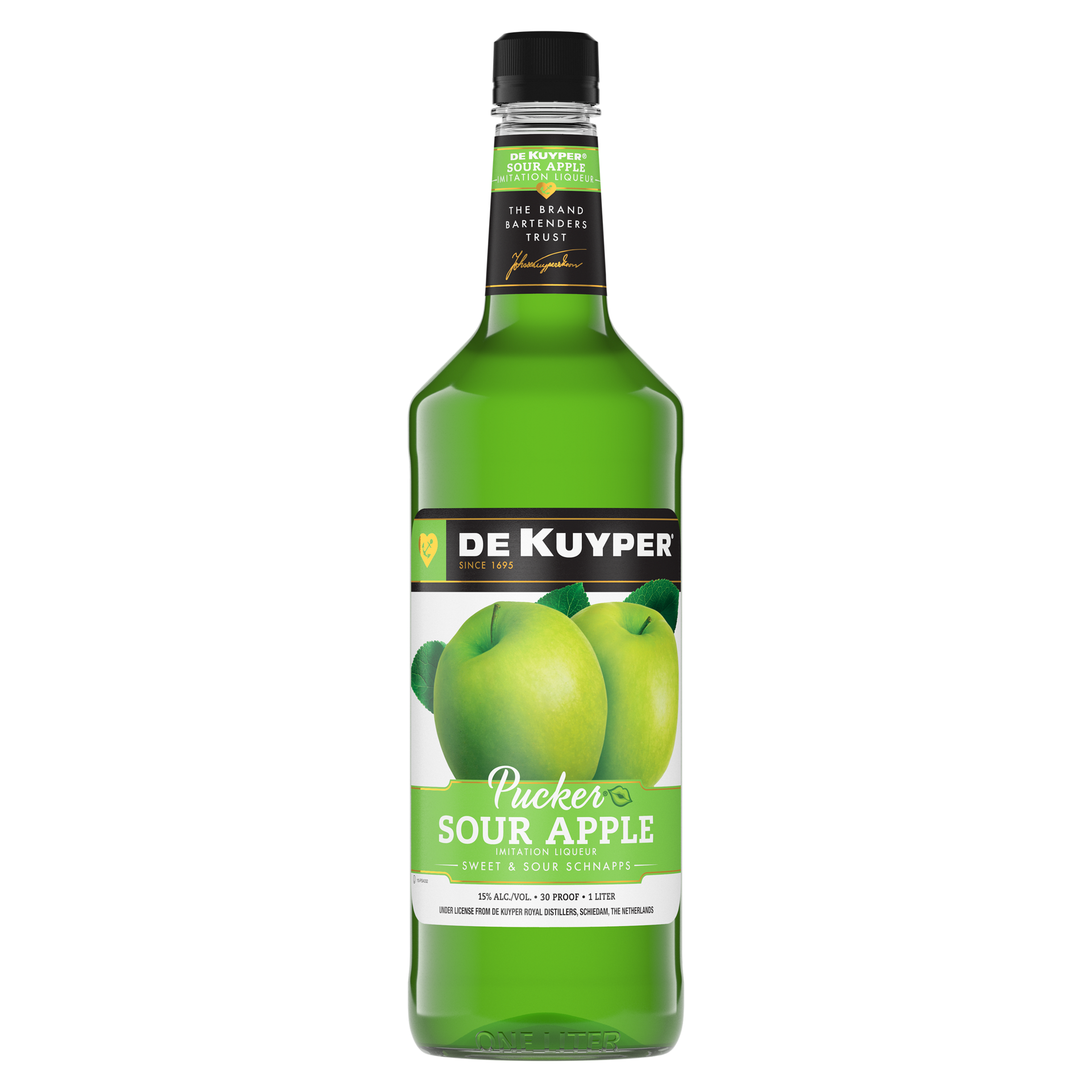 slide 2 of 2, DeKuyper Pucker Sour Apple Schnapps Liqueur 1 L, 1 liter