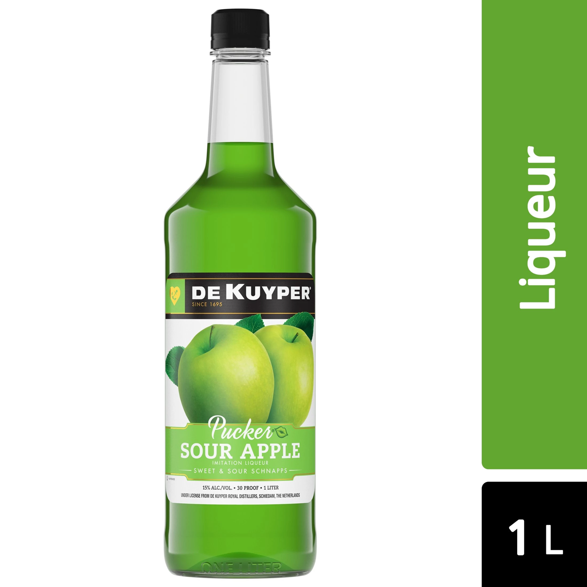 slide 1 of 2, DeKuyper Pucker Sour Apple Schnapps Liqueur 1 L, 1 liter
