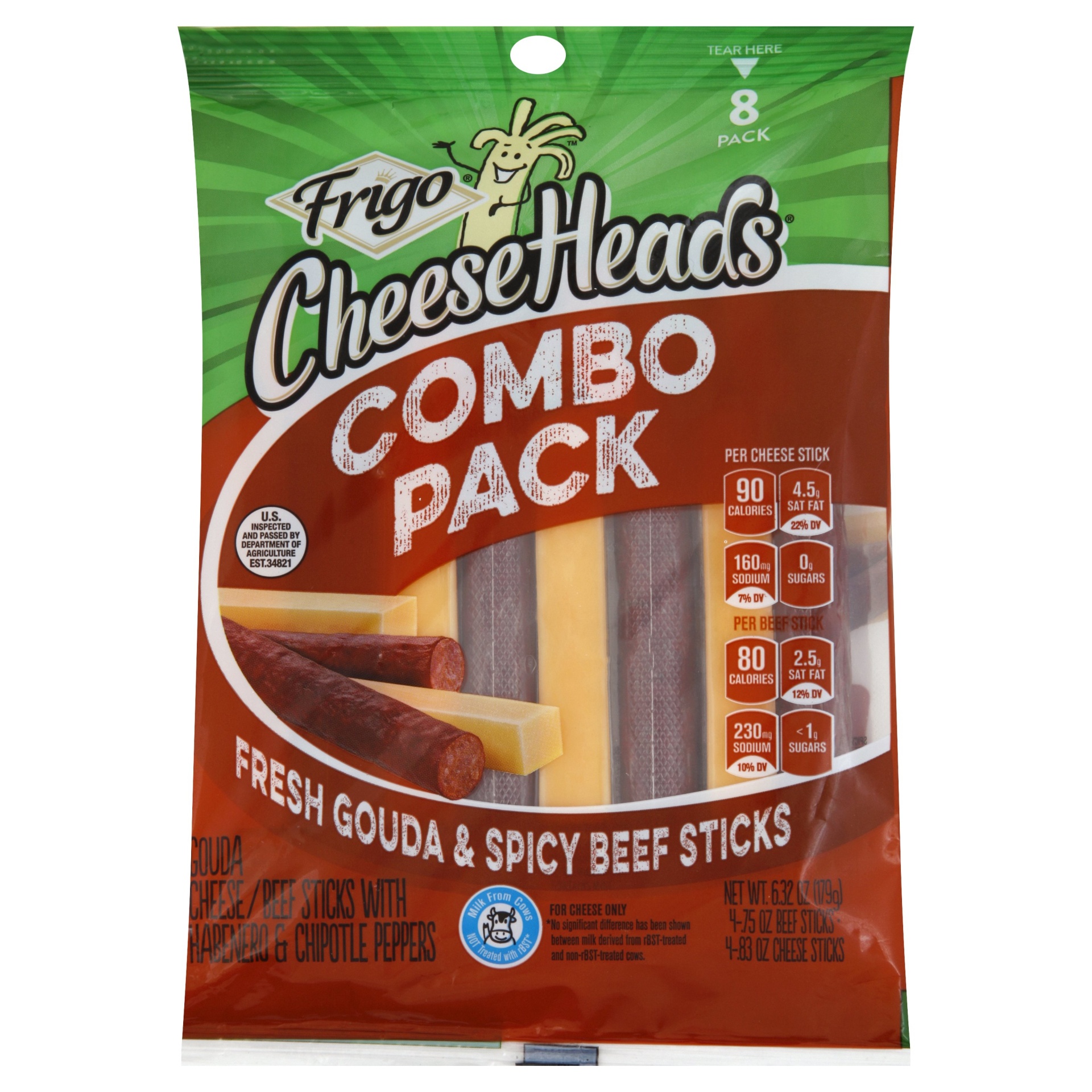 slide 1 of 1, Frigo CheeseHeads Fresh Gouda & Spicy Beef Sticks, 6.32 oz