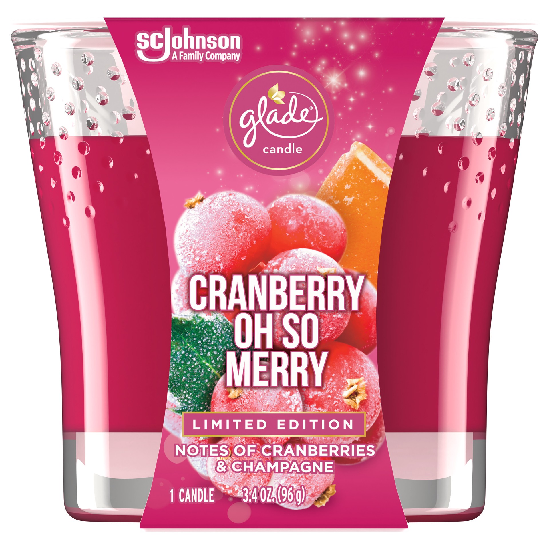 slide 1 of 9, Glade Candle, Small Scented Candle, Cranberry Oh So Merry, 3.4 oz, 3.4 oz