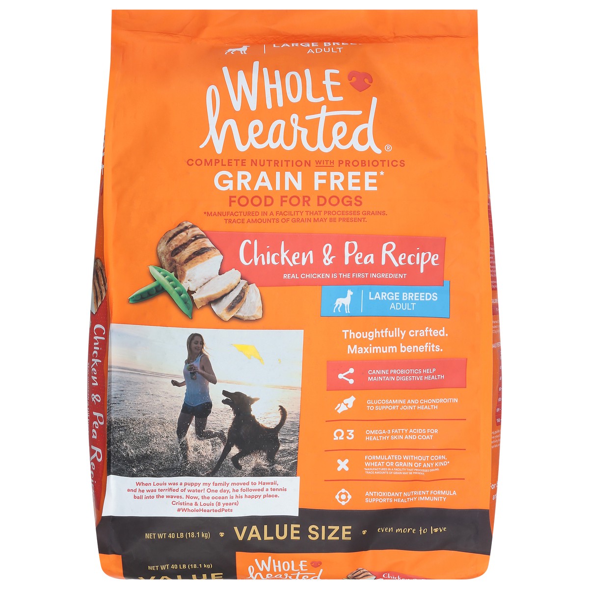 slide 2 of 15, WholeHearted Grain Free Large Breed Chicken and Pea Recipe Adult Dry Dog Food, 40 lb