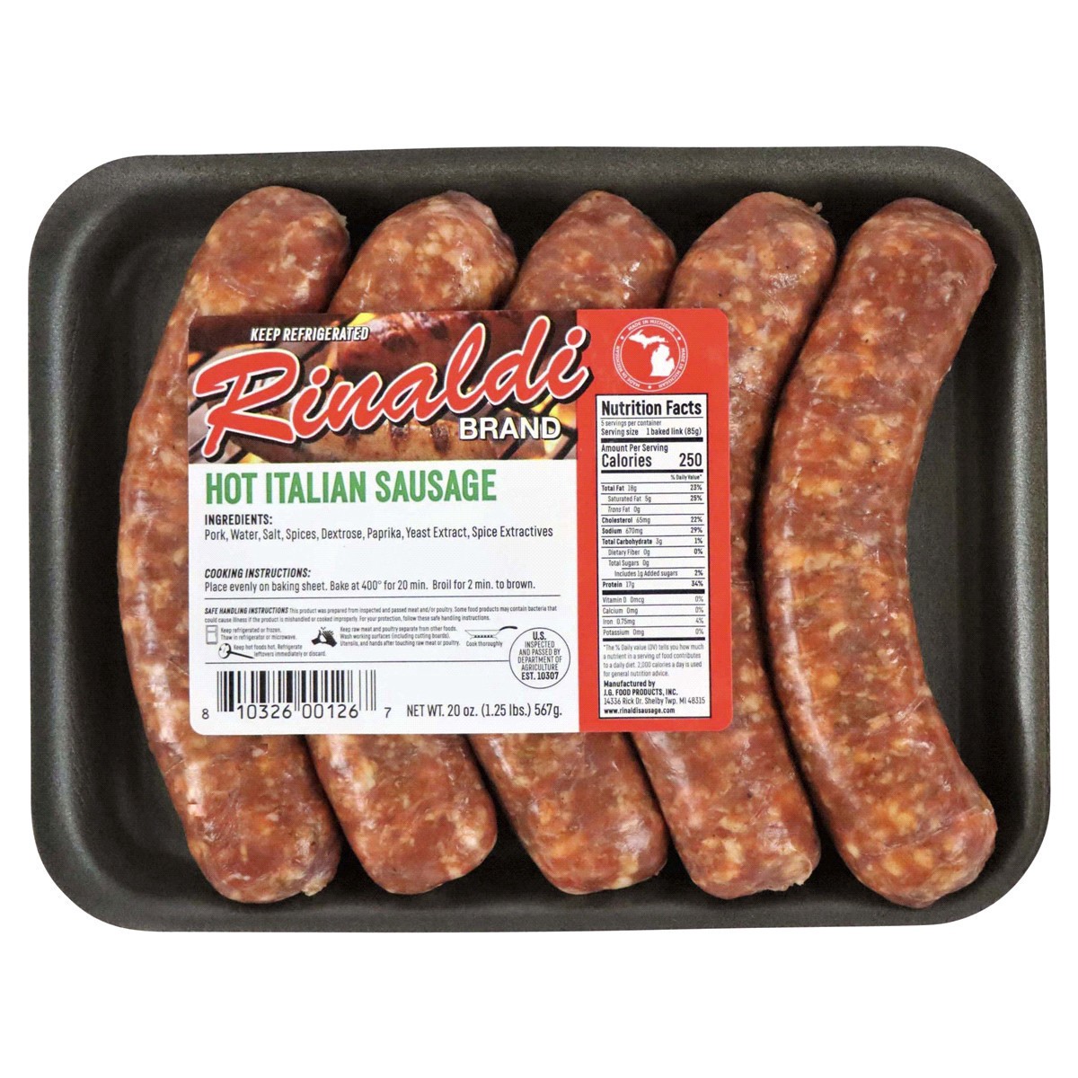 slide 1 of 1, OTHER-NATIONAL Rinaldi Hot Italian sausage Red writing, 20oz 5-4oz links, 20 oz
