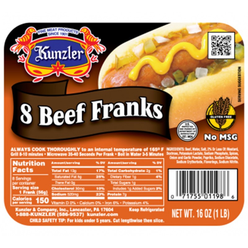 slide 1 of 1, Kunzler Beef Franks, 16 oz