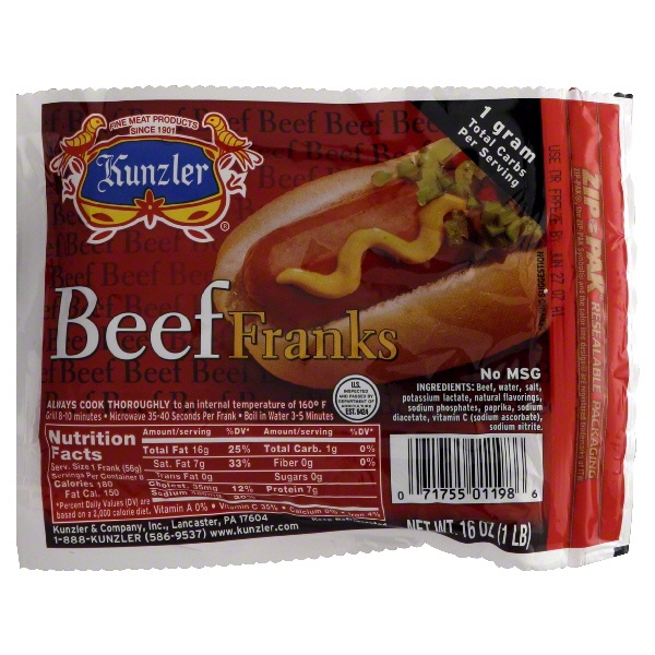 slide 1 of 1, Kunzler Beef Franks, 16 oz