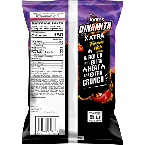 slide 8 of 13, Doritos Dinamita Rolled Tortilla Chips XXTRA Flamin’ Hot Flavored 10 3/4 Oz, 10.75 oz