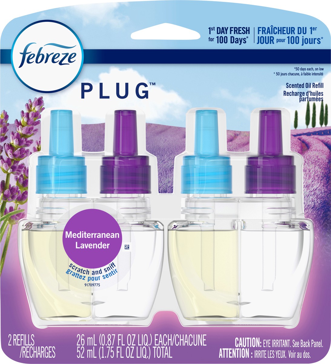 slide 3 of 3, Febreze Odor-Eliminating Fade Defy PLUG Air Freshener Refill, Mediterranean Lavender, (2) .87 fl. oz. Oil Refills, 2 ct