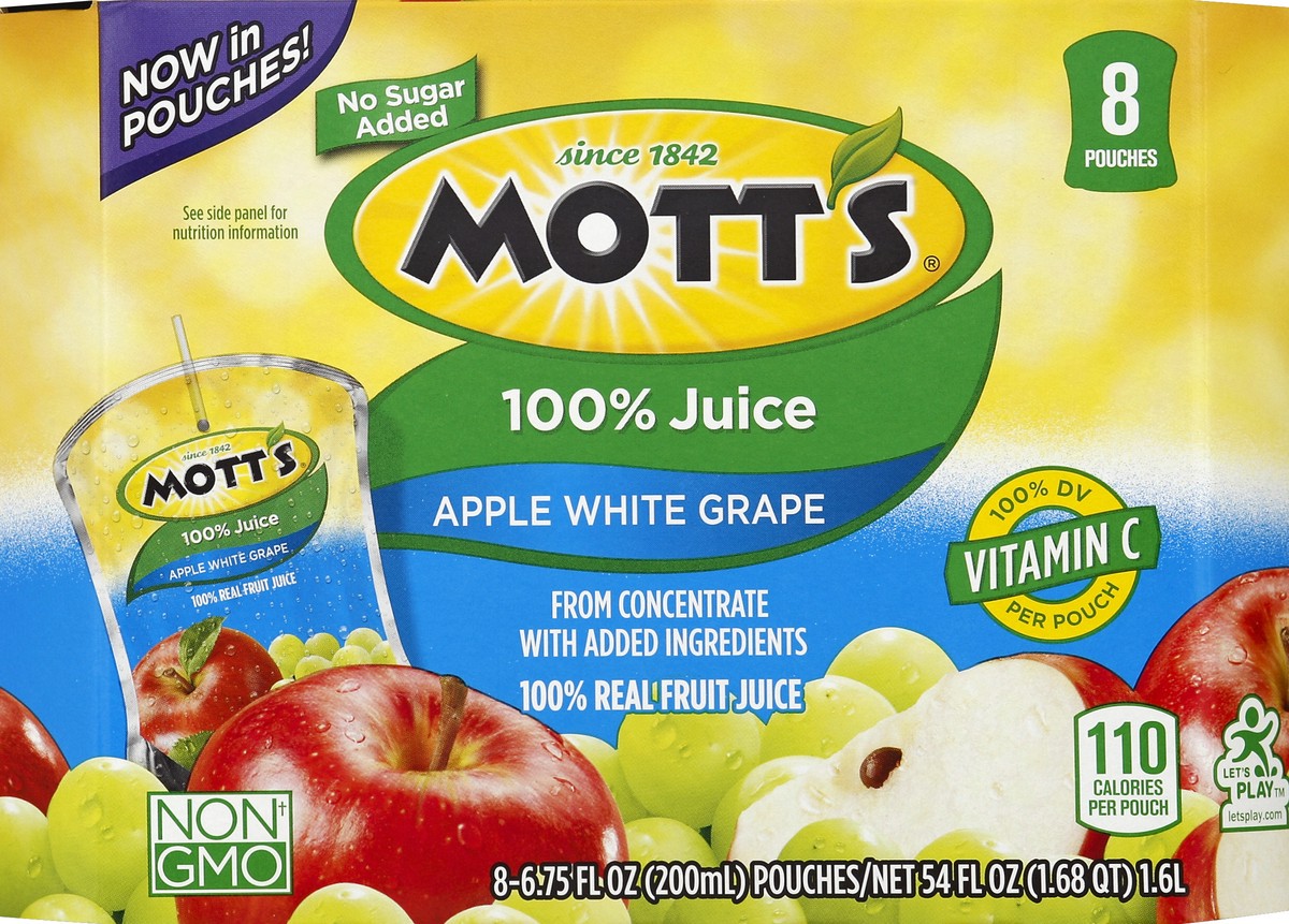 slide 2 of 4, Mott's 100% Apple White Grape Juice/Pouches - 8 ct; 6.75 fl oz, 8 ct; 6.75 fl oz