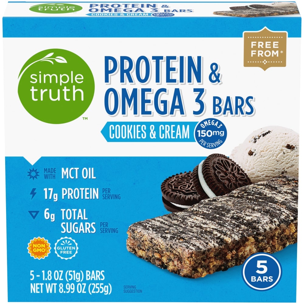 slide 1 of 1, Simple Truth Cookies & cream Protein & Omega 3 Bars 5-1.8 oz Wrappers, 5 ct