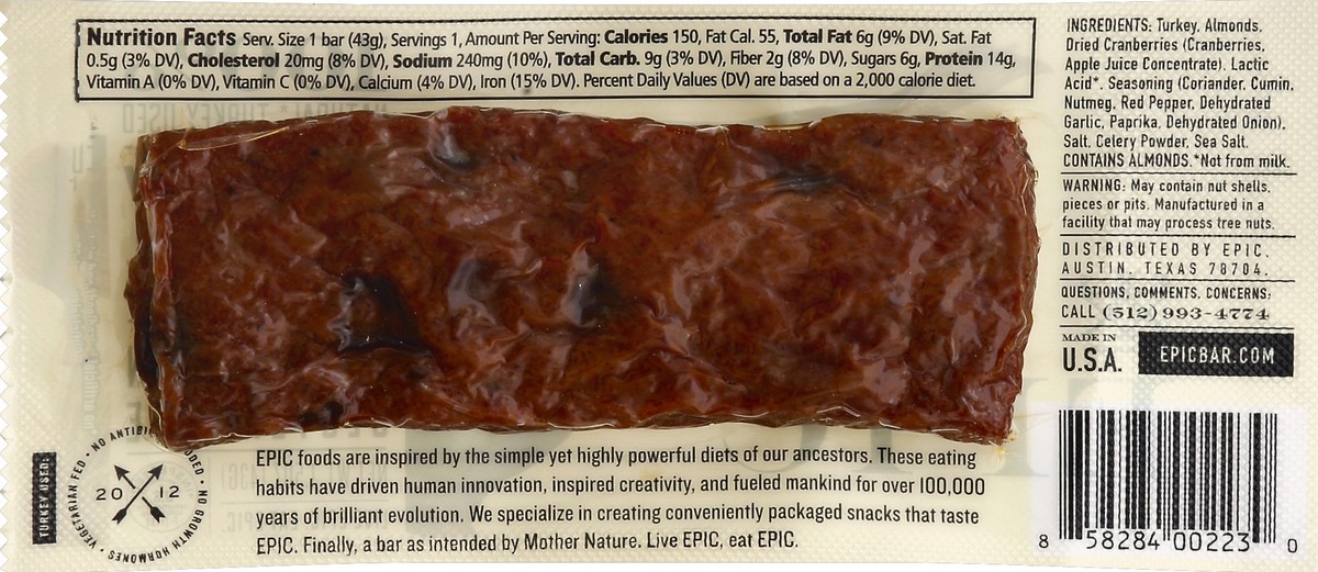 slide 6 of 6, Epic Turkey Almond & Cranberry Bar, 1.5 oz