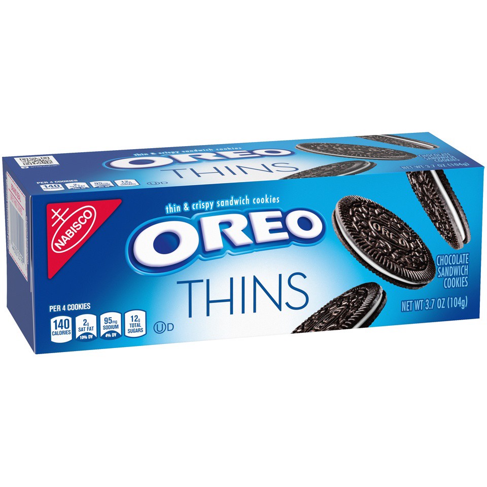 slide 8 of 9, OREO Thins Chocolate Sandwich Cookies, Original Flavor, 1 Box (3.7 oz), 0.23 lbs