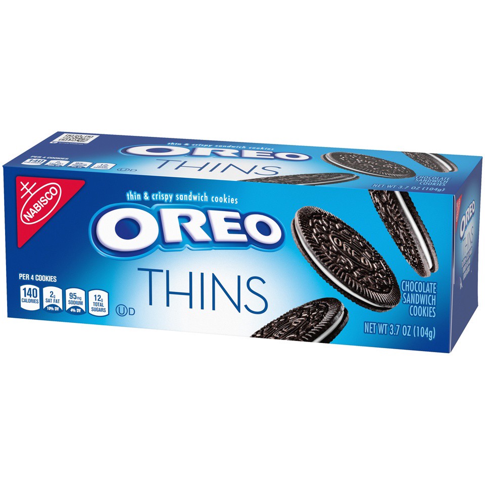 slide 7 of 9, OREO Thins Chocolate Sandwich Cookies, Original Flavor, 1 Box (3.7 oz), 0.23 lbs