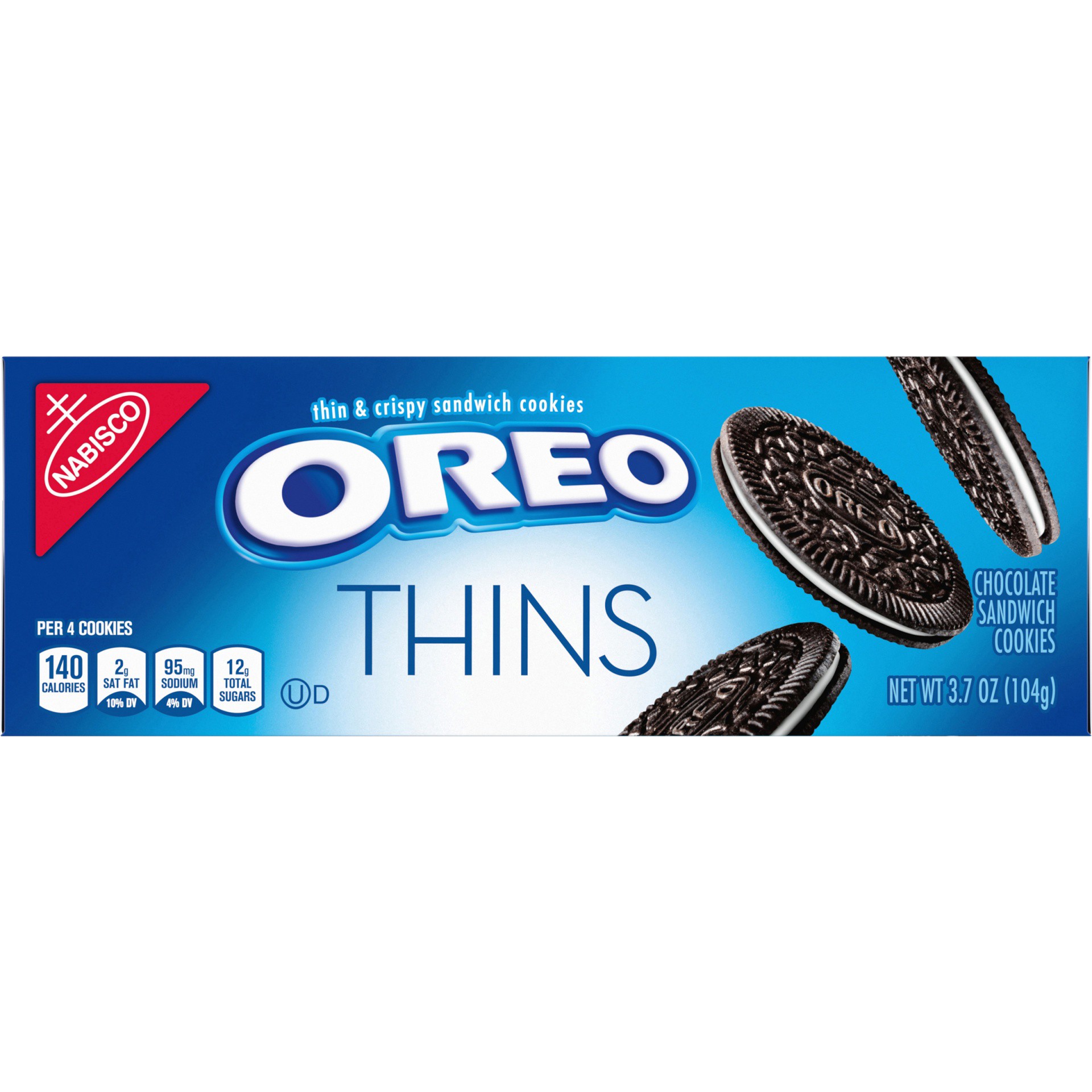 slide 4 of 9, OREO Thins Chocolate Sandwich Cookies, Original Flavor, 1 Box (3.7 oz), 0.23 lbs