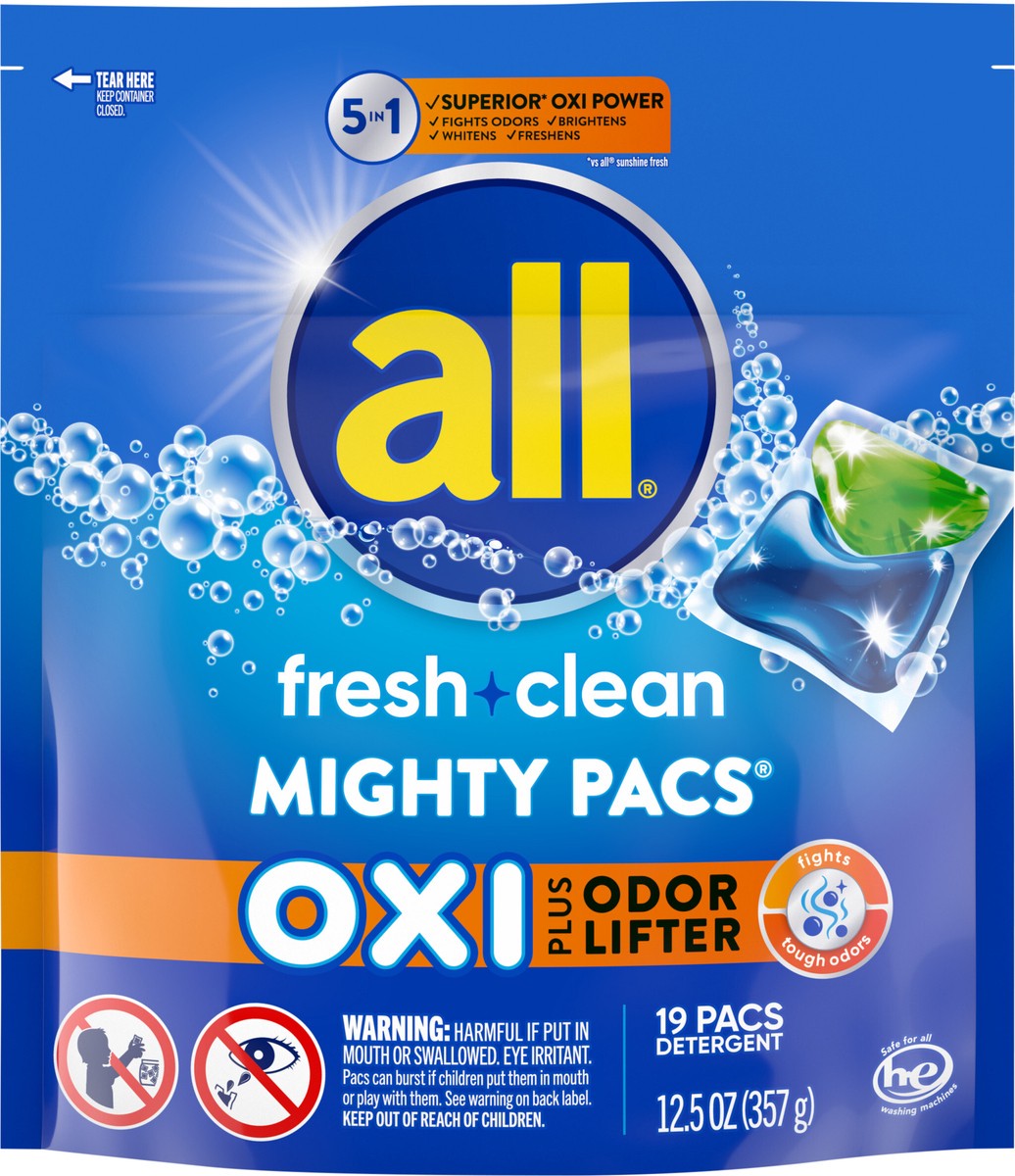 slide 2 of 3, all Laundry Detergent Pacs, Fresh Clean Oxi plus Odor Lifter, 19 Count, 13 oz