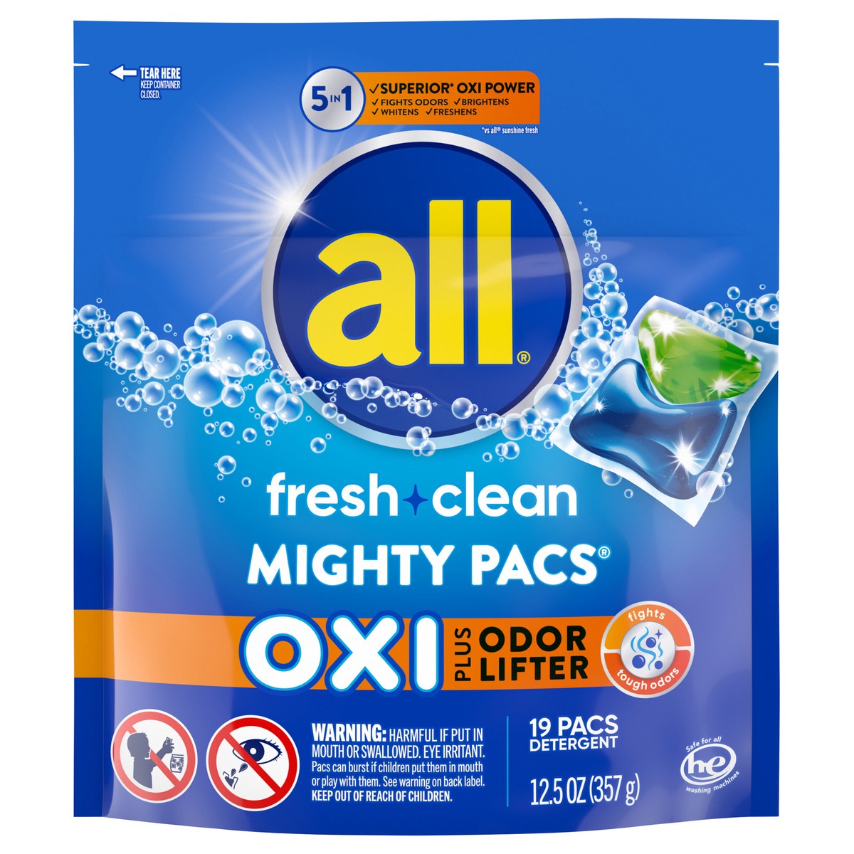 slide 1 of 3, all Laundry Detergent Pacs, Fresh Clean Oxi plus Odor Lifter, 19 Count, 13 oz