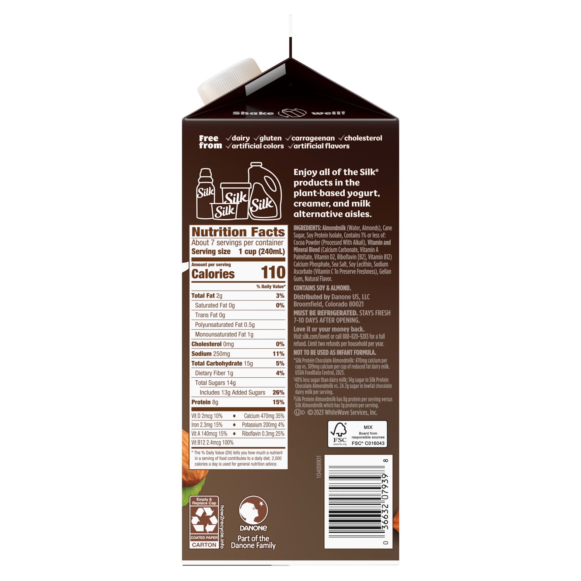 slide 3 of 5, Silk Protein Almond Milk, Dark Chocolate, Dairy Free, Gluten Free, 59 FL OZ Carton, 59 fl oz