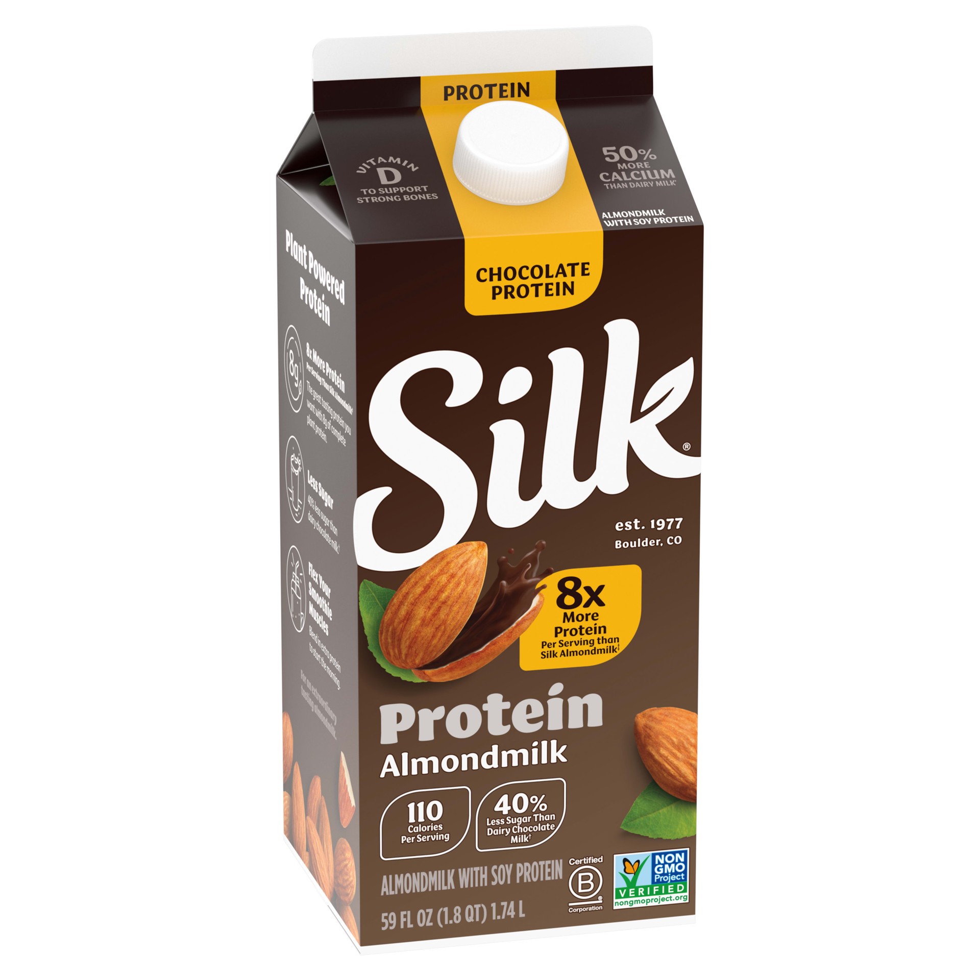 slide 5 of 5, Silk Protein Almond Milk, Dark Chocolate, Dairy Free, Gluten Free, 59 FL OZ Carton, 59 fl oz