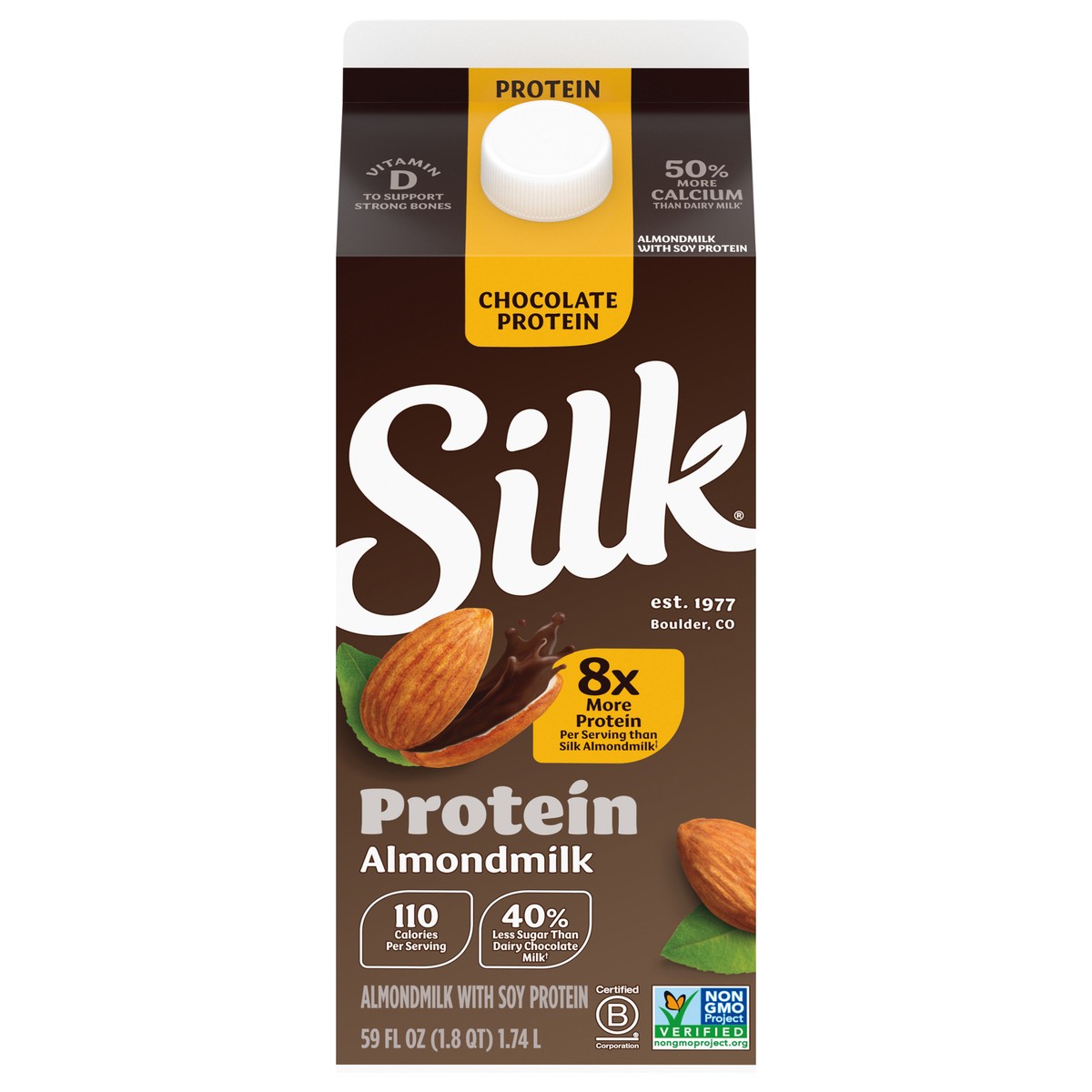 slide 1 of 5, Silk Protein Almond Milk, Dark Chocolate, Dairy Free, Gluten Free, 59 FL OZ Carton, 59 fl oz