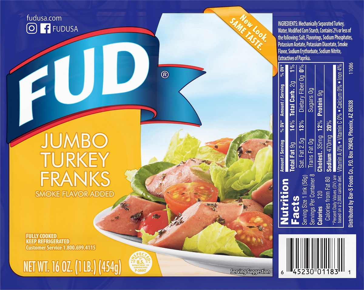 slide 4 of 9, FUD Jumbo Turkey Franks 16 oz, 16 oz