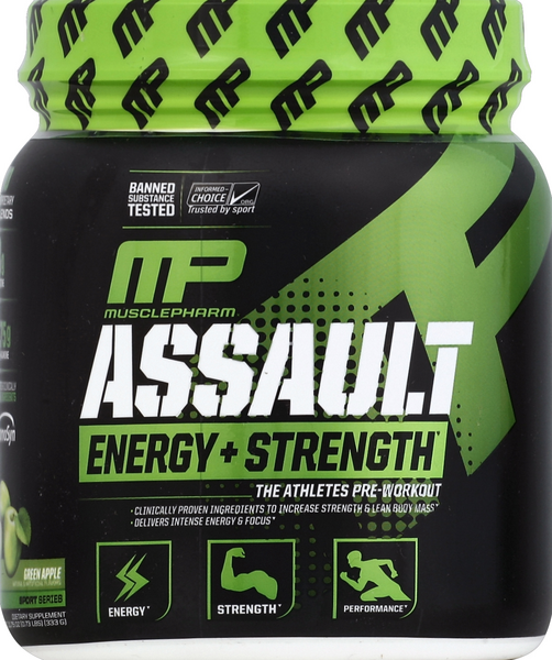 slide 1 of 1, MusclePharm Assault Energy + Strength Pre-Workout Supplement, Green Apple, 12.17 oz