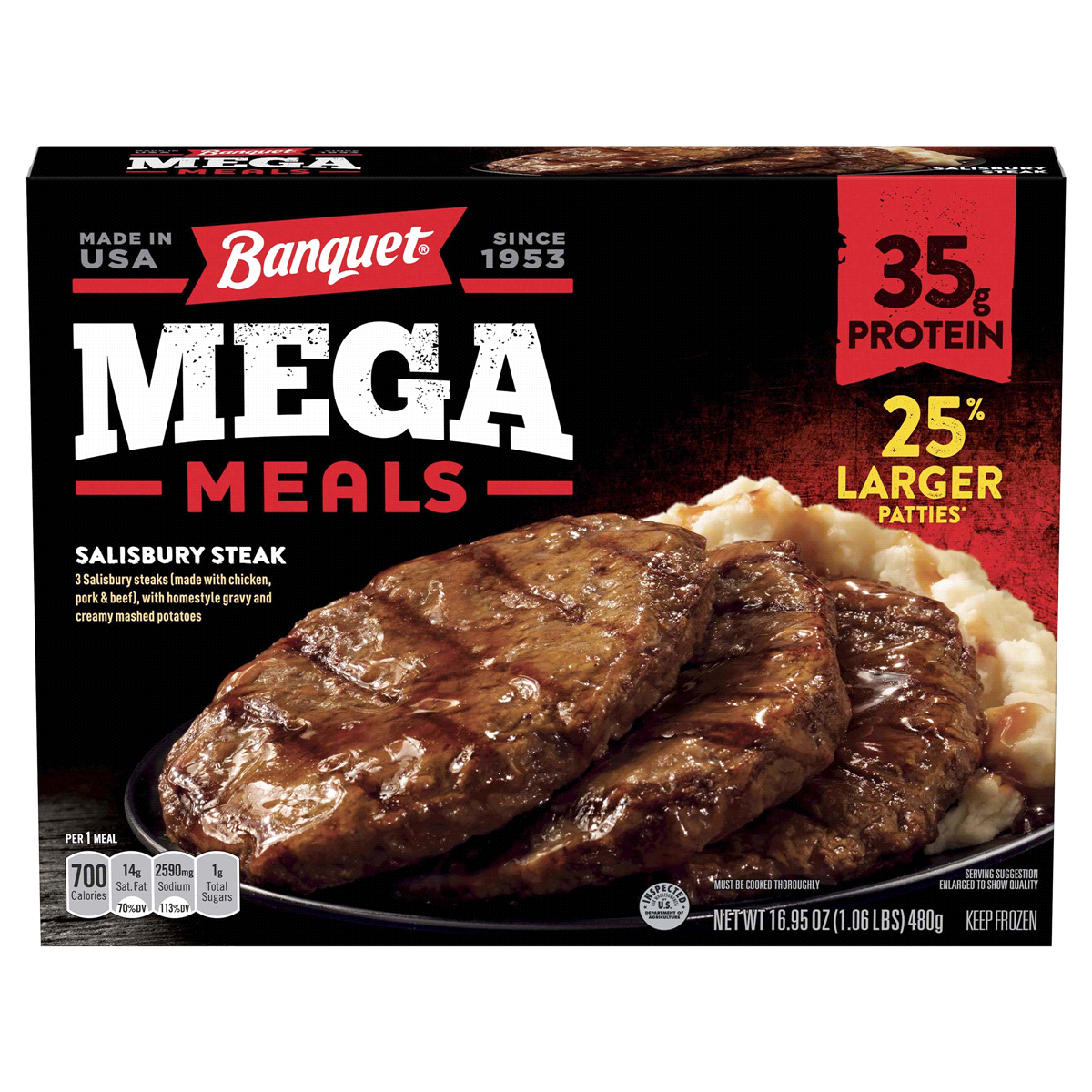 slide 1 of 1, Banquet Mega Meals Salisbury Steak Frozen Dinner, 16.95 Ounce, 16.95 oz