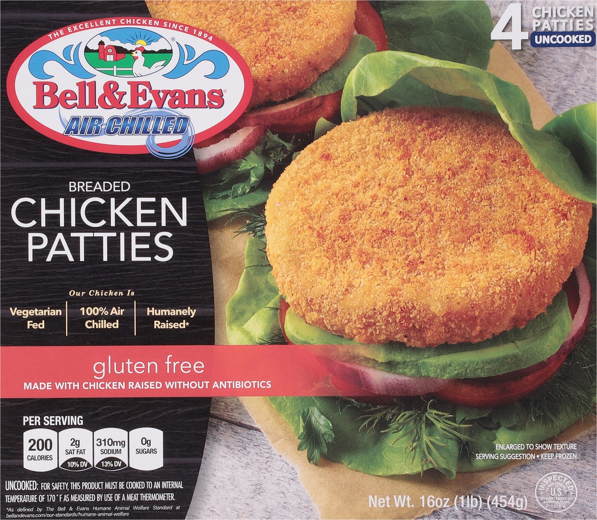 slide 7 of 14, Bell & Evans Breaded Air Chilled Chicken Patties 4 ea, 16 oz