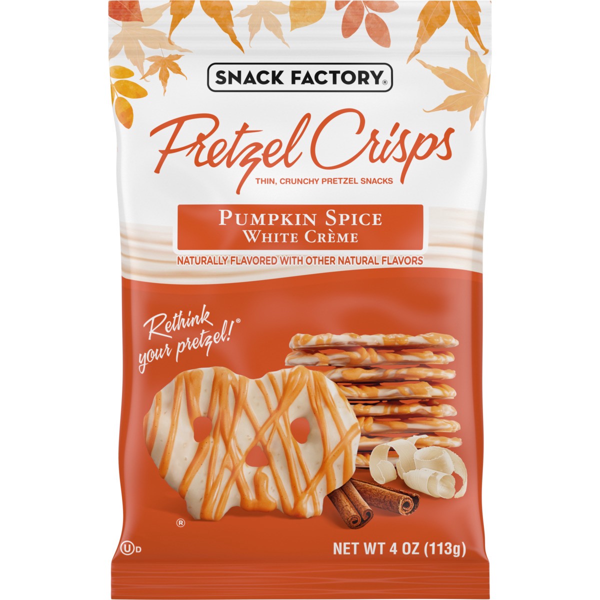 slide 1 of 11, Snack Factory Pretzel Crisps Pumpkin Spice White Crème, 4 oz