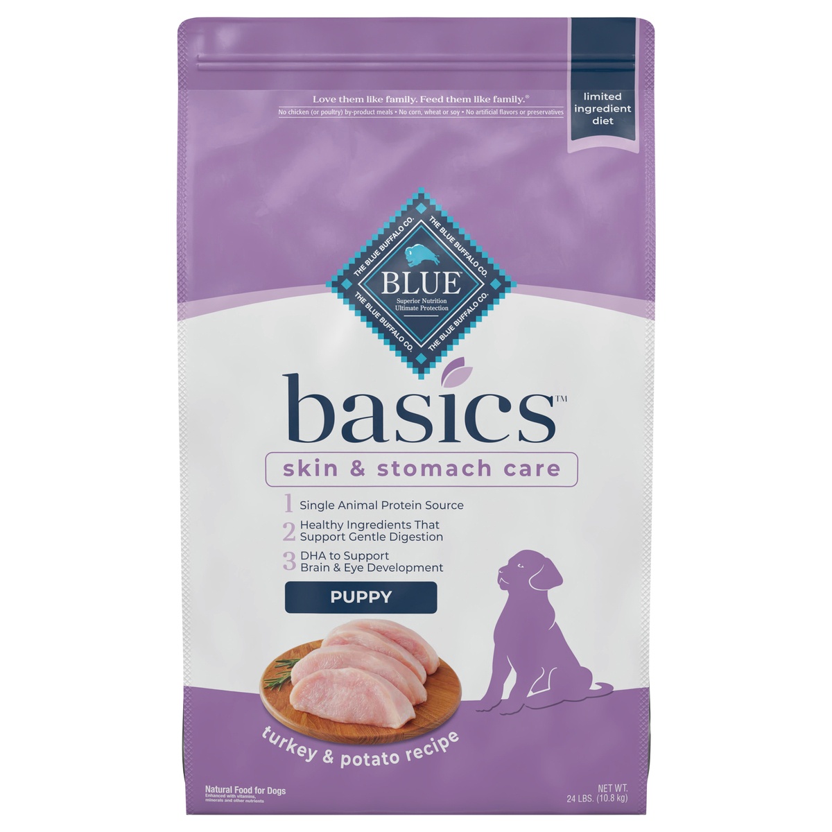 slide 1 of 1, Blue Buffalo Basics Skin & Stomach Care, Natural Puppy Dry Dog Food, Turkey & Potato 24-lb, 24 lb
