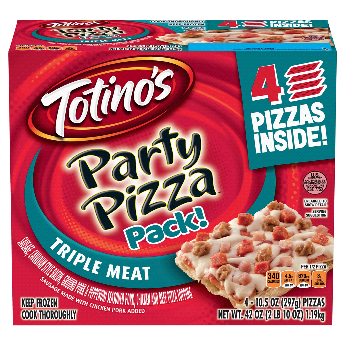 slide 1 of 1, Totino's Frozen Triple Meat Party Pizza Pack, 4 ct