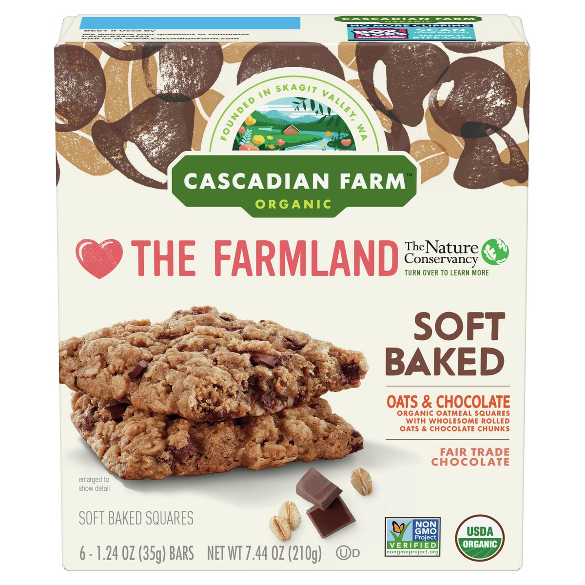 slide 1 of 12, Cascadian Farm Organic 6 Pack Oats & Chocolate Soft Baked Squares 6 ea, 6 ct; 1.24 oz