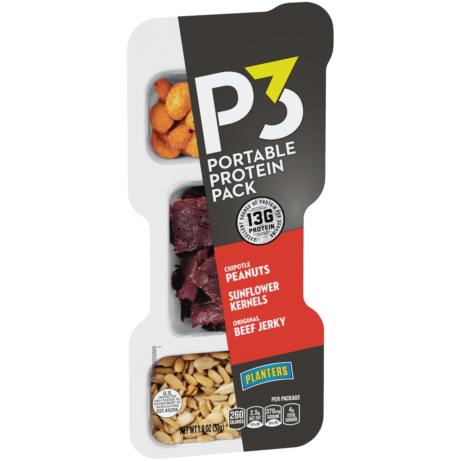 slide 3 of 7, P3 Portable Protein Snack Pack with Chipotle Peanuts, Sunflower Kernels & Original Beef Jerky Tray, 1.8 oz