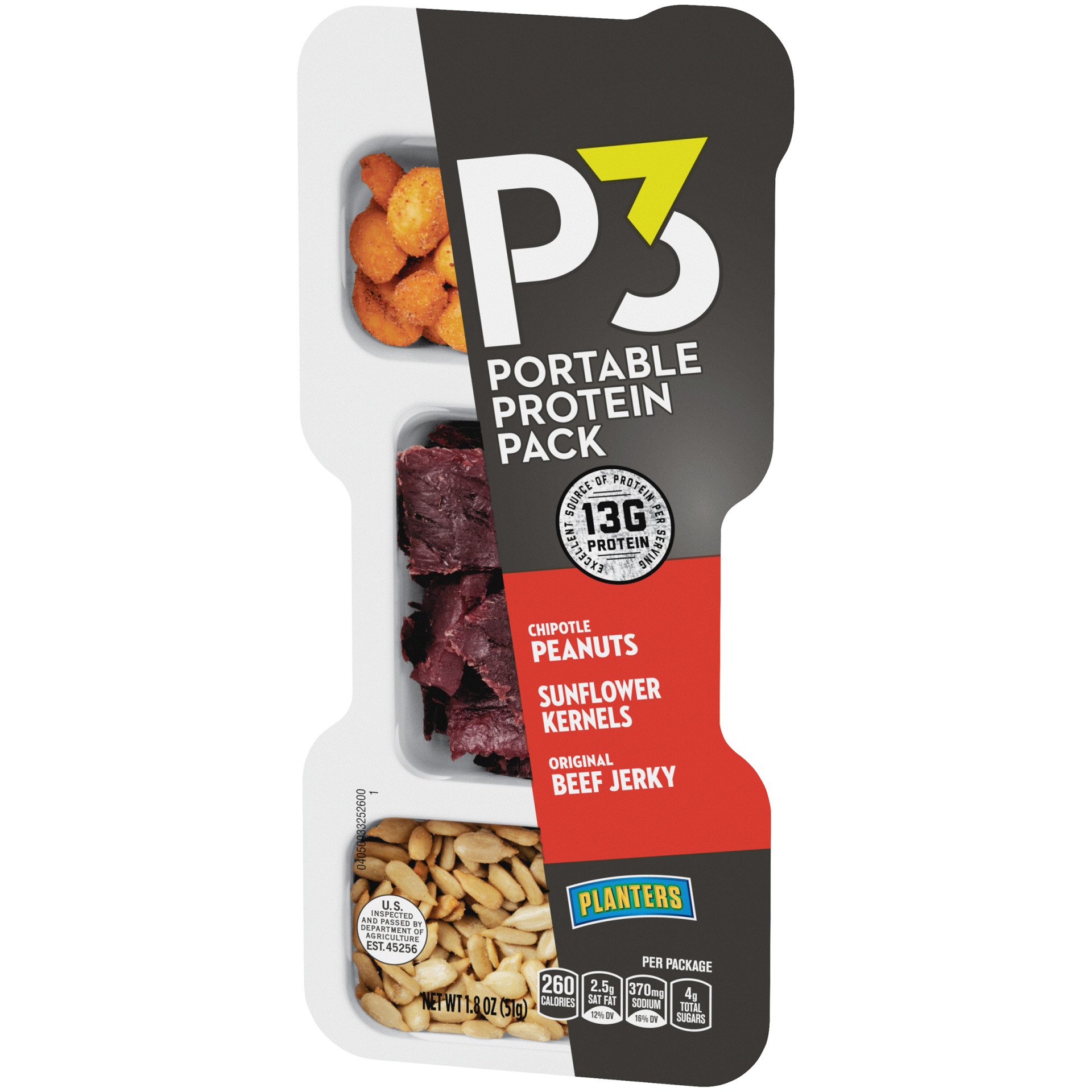 slide 4 of 7, P3 Portable Protein Snack Pack with Chipotle Peanuts, Sunflower Kernels & Original Beef Jerky Tray, 1.8 oz