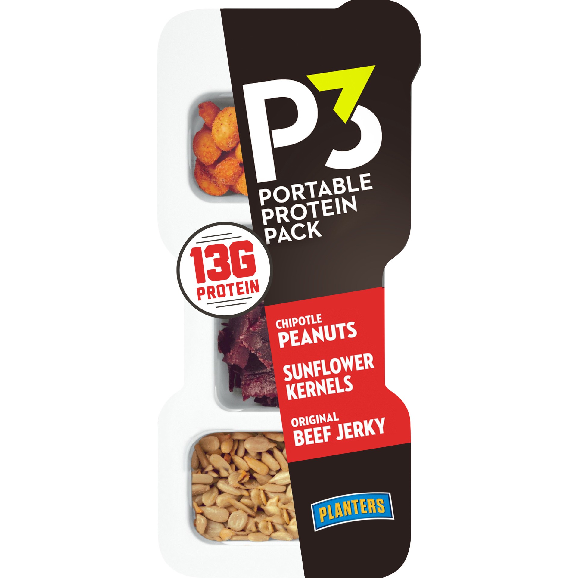 slide 1 of 10, P3 Planters P3 Chipotle Peanuts, Original Beef Jerky and Sunflower Kernels Protein Snack Pack, 1.8 oz Package, 1.8 oz