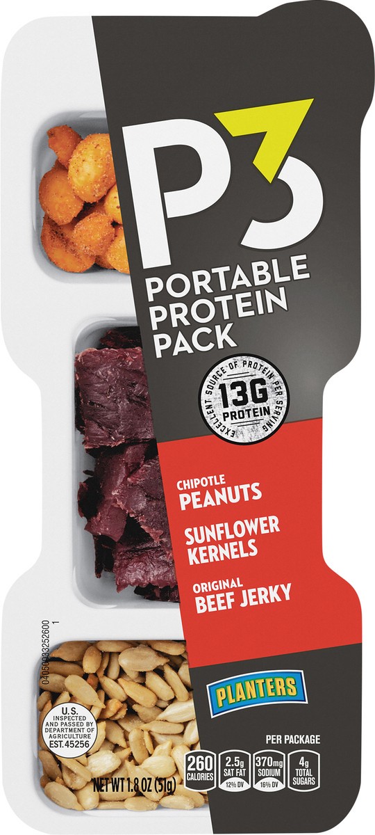 slide 9 of 10, P3 Planters P3 Chipotle Peanuts, Original Beef Jerky and Sunflower Kernels Protein Snack Pack, 1.8 oz Package, 1.8 oz