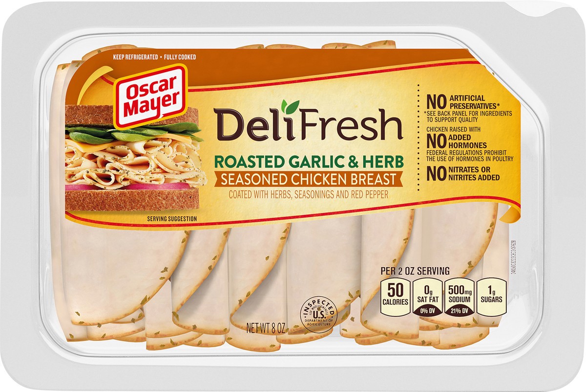 slide 1 of 14, Oscar Mayer Deli Fresh Roasted Garlic & Herb Chicken Lunch Meat, 8 oz Package, 8 oz