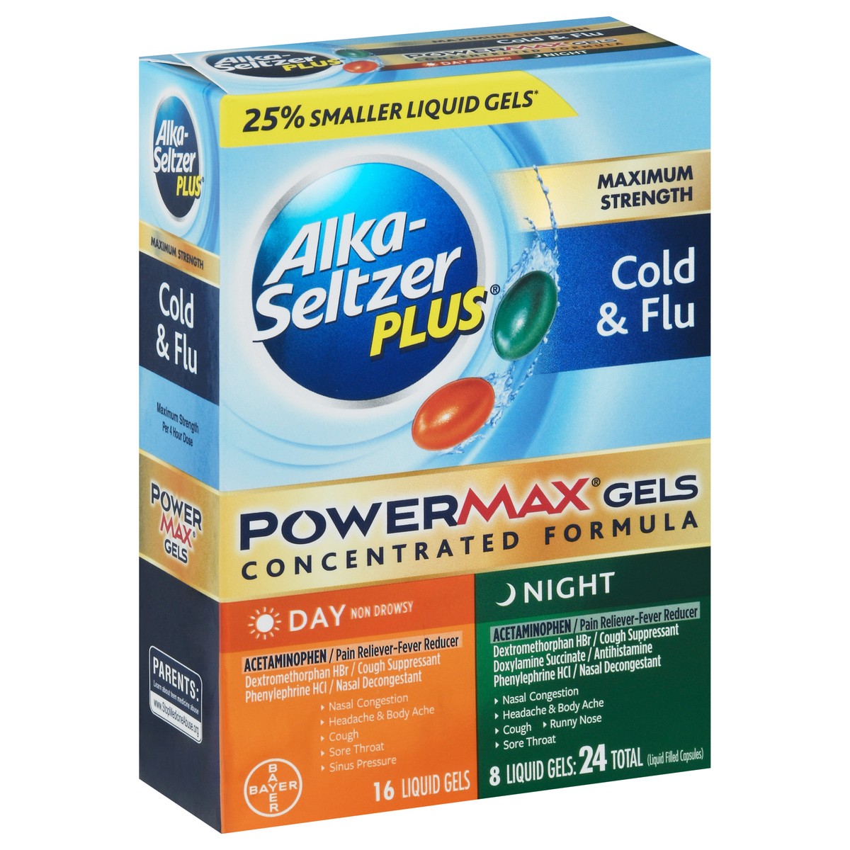 slide 2 of 9, Alka-Seltzer Plus Day & Night Non-Drowsy Cold & Flu Powermax Liquid Gels Concentrated Formula, 24 ct