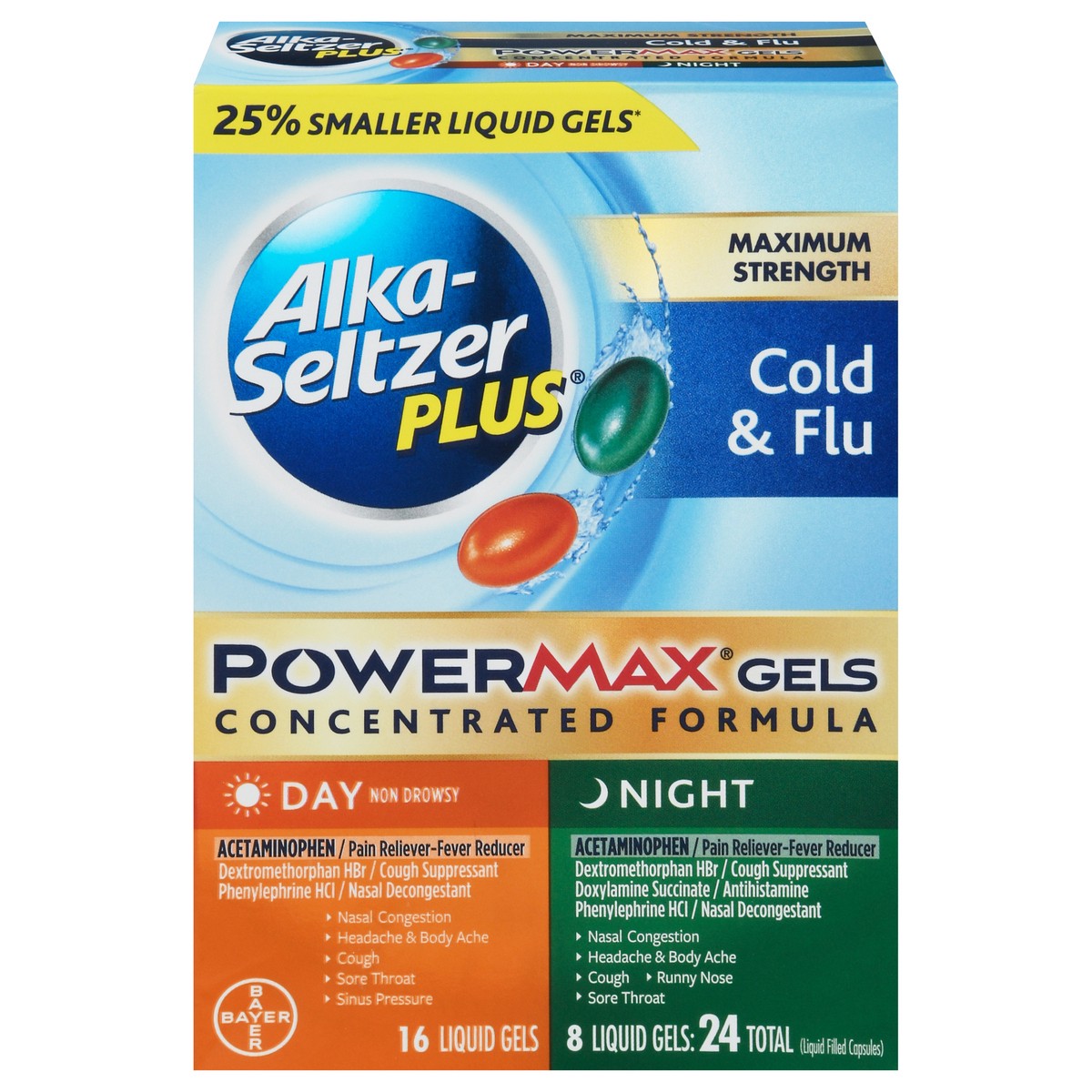slide 1 of 9, Alka-Seltzer Plus Day & Night Non-Drowsy Cold & Flu Powermax Liquid Gels Concentrated Formula, 24 ct